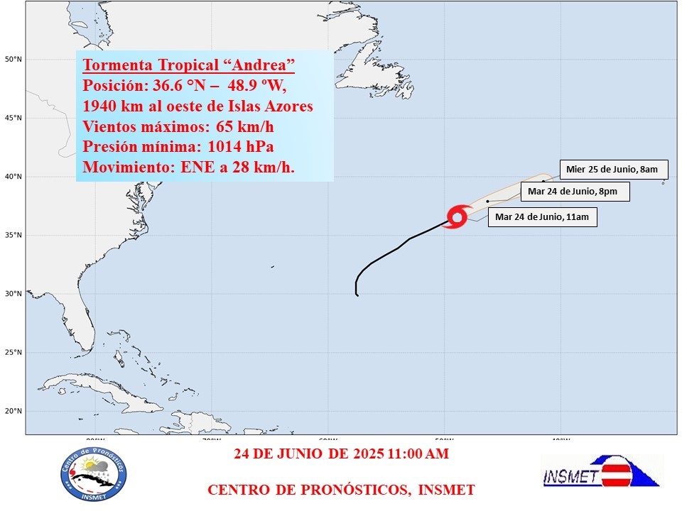 se forma la tormenta tropical Andrea en aguas del océano Atlántico